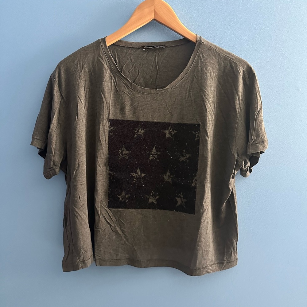 Zara - Rhinestone Stars Cropped Semi-Sheer S/S Shirt